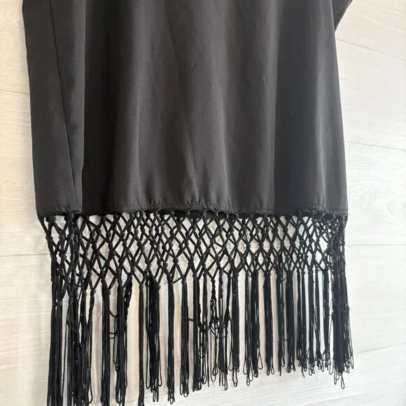 New York & Company Black Fringe Short Sleeve Blouse M - Picture 2 of 3
